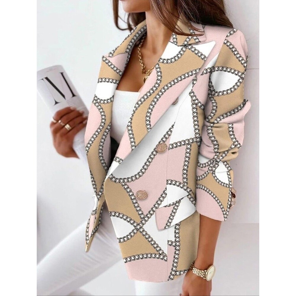 Chicme Blazer Jacket Pink White Taupe Chain Design Double Breasted, S